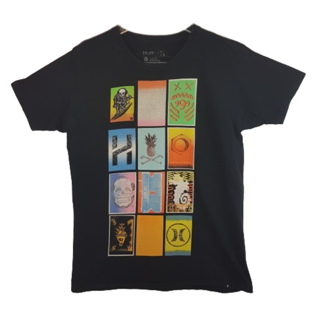 Vintage HURLEY Tee Shirt Large US L Multi Graphic Skull Surf Pineapple Seahorse
